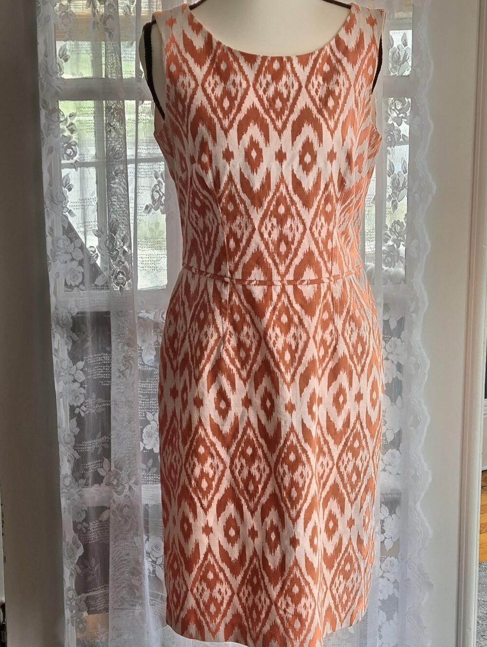 Sleeveless Orange and White Ikat Lined Linen Sheath Dress